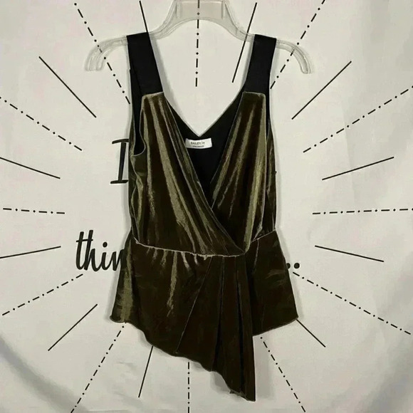 Bailey44 Army Green Velvet Asymmetrical Drape Pleated Peplum Mabel Top - Picture 2 of 6